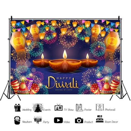 Image of 6x3.6ft Happy Diwali Backdrop Banner Decor Festival of Lights Fireworks Orange Lanterns Photography Background for Indian Traditional Diwali Pooja Festivals