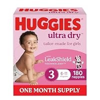 Huggies Ultra Dry Nappies Girls Size 3 (6-11kg) 180 Count - One Month Supply (Packaging May Vary)