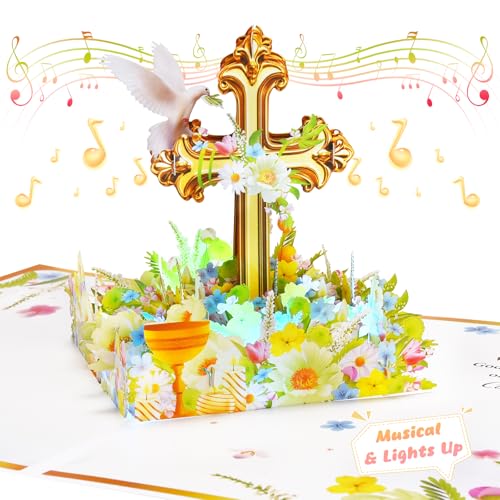 Image of Baptism Pop Up Card with Lights, 3D Musical Christening Greeting Cards | Popup Gold Cross & Dove Design, Sacred Religious Keepsake Baptism Gift Cards with Envelope for Boys Girls