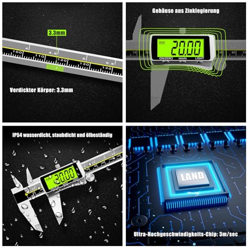 Digitaler Messschieber mit Hintergrundbeleuchtung, Präzisions-Digitalmessschieber 150 mm aus Edelstahl, wasserdichtes LCD-Display und Tiefenmessung mit Batterie für Haushalt und Industrie