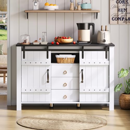 Merax White Sideboard with Storage, 120 cm Sliding Door Cabinet & 3 Drawers, Rustic Wood Coffee Bar Buffet Table for Kitchen, Dining Room & Living Room