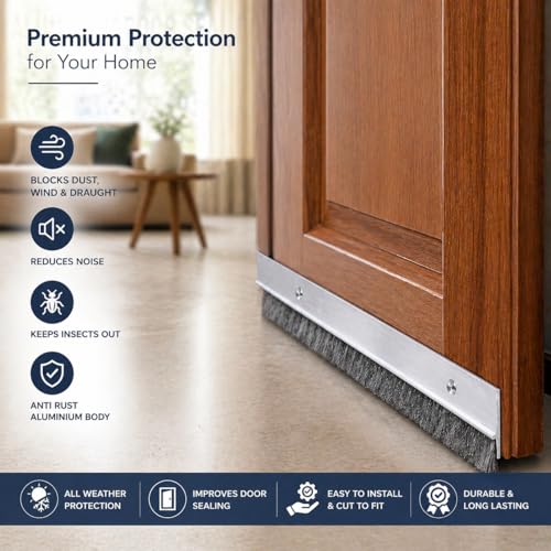 Image of Aluminium Door Seal Bottom 4 ft with Black Brush | Door Air Gap Sealer Strip | Dust, Insect & Noise Blocker | Anti Rust Heavy Duty Door Sweep | Easy Install for Home & Office