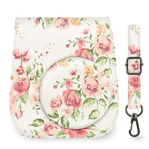 Elvam Camera Case Bag Purse Compatible with Fujifilm Mini 11/9/8 Instant Camera with Detachable Adjustable Strap - White Flower