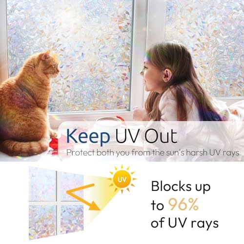 Image of rabbitgoo Rainbow Window Privacy Film, Stained Glass Cling, 23.6 inch x 78.5 inch | Decorative Static Sticker, Non-Adhesive Reusable Window Tint, Heat Control UV Blocking Coverings for Home Doors, Living Room