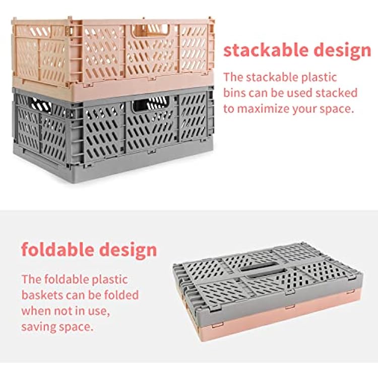 Domiella 2-Pack Crates for Storage, Storage Crates Plastic Stackable, Foldable Crate for Office Home Kitchen Bedroom Bathroom (Large, Golden Yellow)