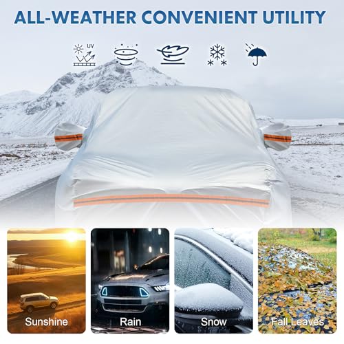 Image of 6-Layer Full Car Cover is All-Weather Waterproof, Universal in All Seasons, Snow Prevention Rainproof, Acid Rainproof, Sunscreen, Ultraviolet-Proof, Fit MPV 199 inch-210 inch Orange Reflective Strip