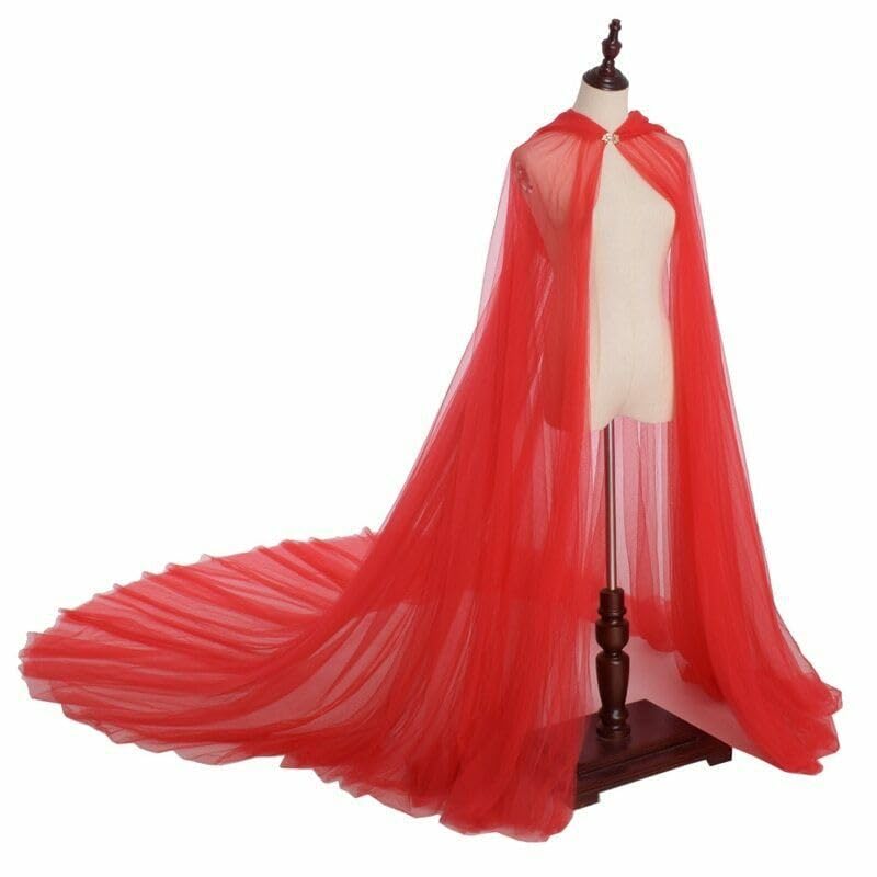 FakeFace Women Tulle Hooded Cloak Wedding Bridal Dress Robe Vampire Witch Elf Full Length Cape with Hood Halloween Cosplay Costume (Red-2 Layers)