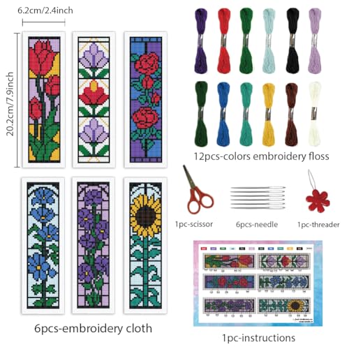Image of INFUNLY 6 Set Rose Window Cross Stitch Bookmark Kits for Beginners DIY Red Rose Embroidery Bookmark Kits with Instructions Flower Window Pre-Printed Bookmark Kit for Book Lovers Readers Women Gifts