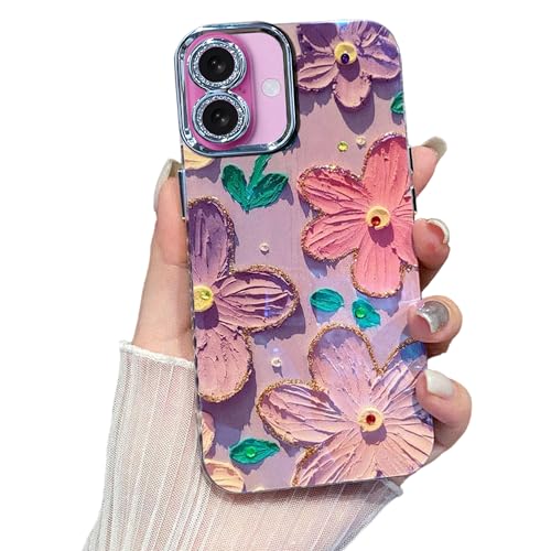 Image of VONZEE Laser Flower Case Compatible with iPhone 16, Colorful Oil Painting Design, Shockproof PC+TPU Hybrid Cover, Full Camera Protection Glossy Cute Protective Case for Women & Girls, Pink & Purple