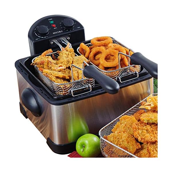 Secura 1700-Watt Stainless-Steel Triple Basket Electric Deep Fryer with Timer Free Extra Odor Filter, 4L/17-Cup,Silver