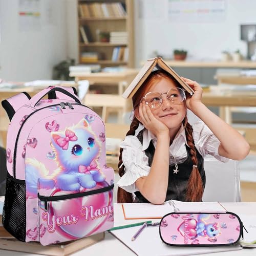 3PCS Backpack for Girls, Personalized Cat Backpacks for Kids, Custom Schoolbag with Lunch Bag Pencil Case for Children Teens Cat Lovers, Back to School Gift Idea for Preschool Primary Middle4