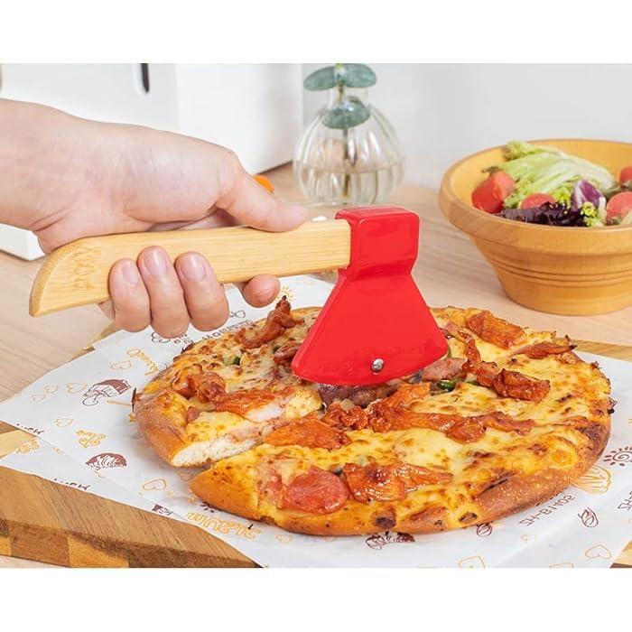 Image of Axe Shaped Pizza Cutter with Sharp Rotating Blade for Pizza, Bread, Cakes (Multi) - RA075-RED