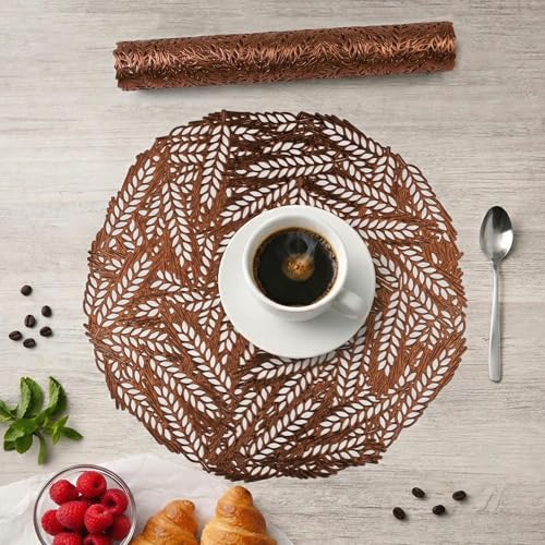 Image of Kuber Industries Leather Round Table Mats Set of 6 | Washable Placemat /Dining Table Mat for Wedding and Family Functions | Leaf Design - Copper