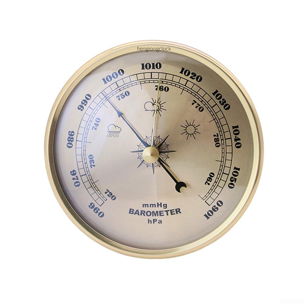 Barometer, 90mm/108mm/130mm Gold Metal Frame Indoor Pressure Gauge Weather Prediction Tool No for battery Required Home Office Decor(108mm)