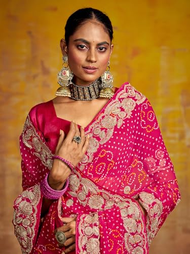 Image of Satrani Women'S Georgette Embroidery Bandhani Printed Saree With Unstitched Blouse Piece