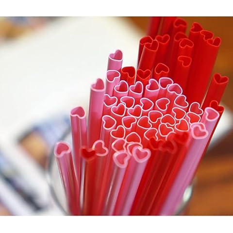 BC233 100pcs Straws Heart Shaped Plastic Straws Disposable Drinking Cute Straw Coffee Milk Straw Valentine Day Cocktail Birthday Party for Bridal Shower Wedding Supplies (Mixed) Cover