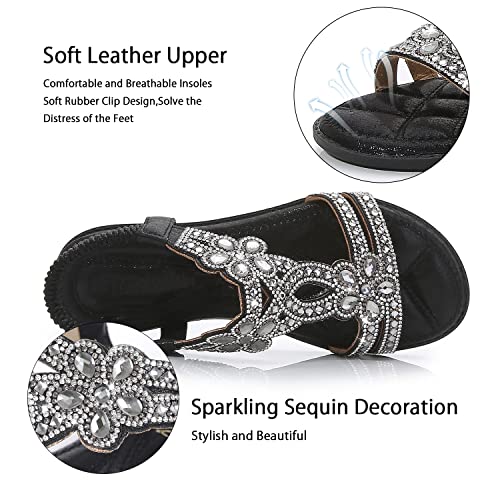 Image of iCKER Womens Rhinestone Strappy Flat Sandals Elastic Ankle Strap Open‑Toe | Sparkling,for wedding,party,evening dates,special occasion,Vacation,Formal