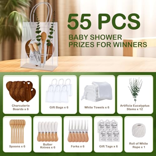 55Pcs Baby Shower Prizes for Game Winners 6 Sets Charcuterie Board with Spoons Butter Spreaders Forks Plaid Towel Thanks Card and Gift Bags for Bridal Shower Favors Party (Heart Shaped)