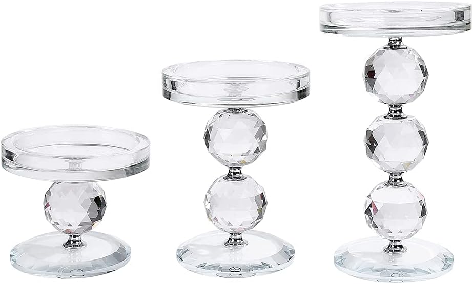 Crystal Pillar Candlestick Holder Set of 3 Clear Glass Candlestick Holder Ideal Centerpieces for Wedding and Birthday Party and Holidays : Home & Kitchen