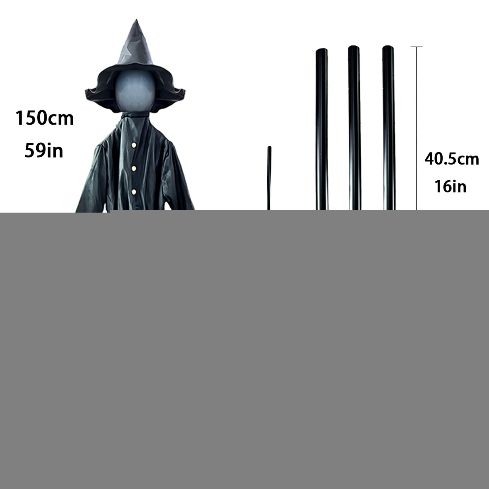 Dekoracje na zewnątrz na Halloween, zestaw 3 LED, czarne czarownice z kapeluszami, słupki, 140 cm, dekoracyjny palik z świecącą twarzą, świąteczny horror rekwizyt do ogrodu, trawnika, werandy