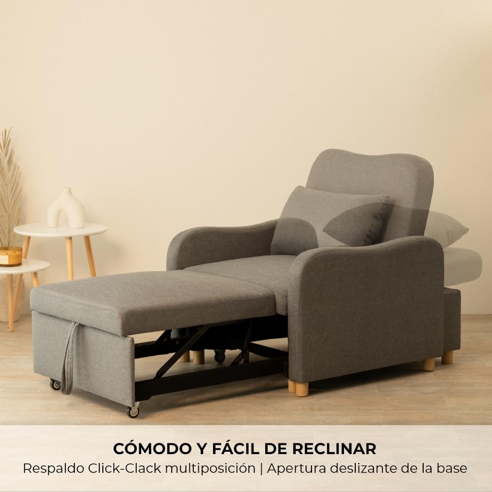 Nalui- Sillon Cama Buddy 92x97x90cm con Respaldo Ajustable 2 Posiciones y Almohada. Sofá Cama 1 Plaza 3 en 1 de Lino, Soporta hasta 200Kg. Sofá Cama Individual con Reposabrazos, Marengo