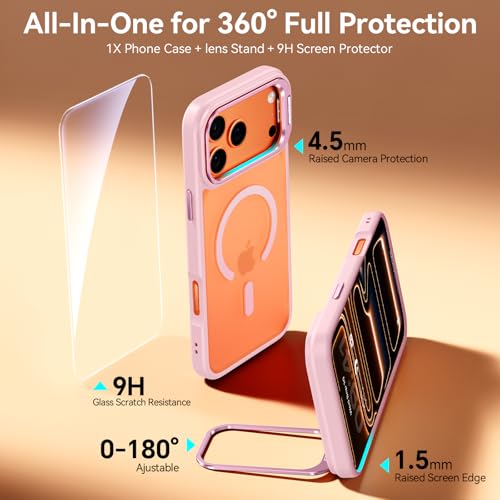 Image of for iPhone 17 Pro Case with Stash Lens Stand and 9H Screen Protector, Compatible with MagSafe, Military-Grade Drop Protection Magnetic Phone Case for iPhone 17 Pro, 360 Full Protection, Pink