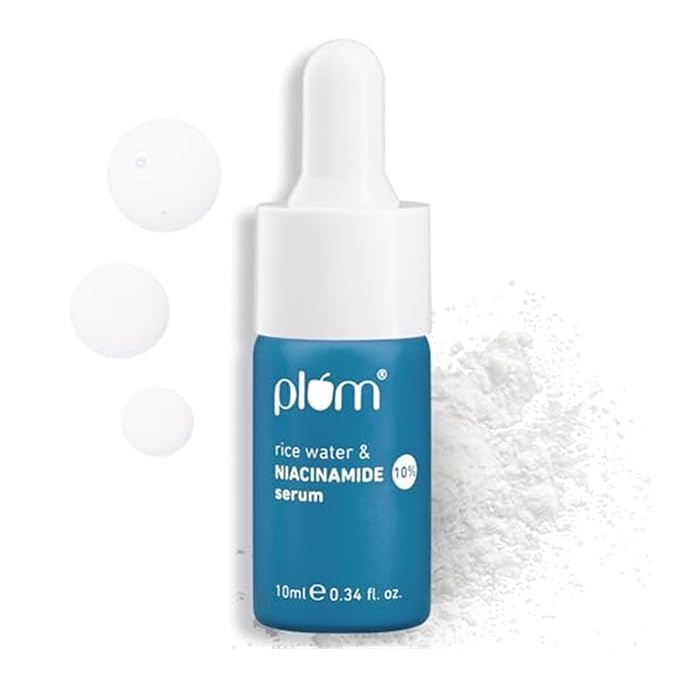 Plum 10% Niacinamide Serum with Rice Water | Provides Clear, Glowing & Brightening Skin | for Acne Prone, Combination, Oily & Sensitive Skin | Oil Control & Anti Acne Face Serum for Women & Men | 10ml