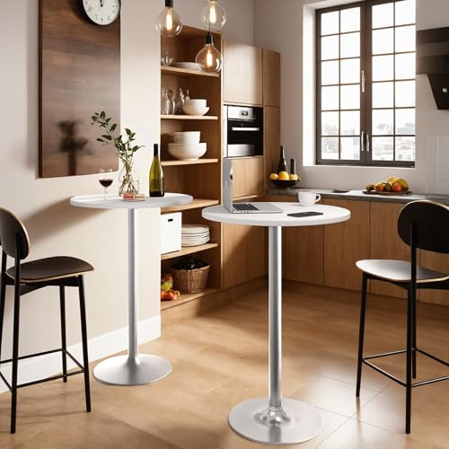 Image of Furmax Bistro Pub Table Round Bar Height Cocktail Table for Home Bar, Round Bar Tables for Party, Dining Room, Living Room and Wedding, Metal Base MDF Top, 40.6 Inch Height (4, White-2)