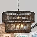 Tunkayli 20" Large Rattan Chandelier 2-Tier Vintage Farmhouse Boho Hand-Woven Bamboo Chandelier 6-Light Black Drum Round Rattan Pendant Light for Dining Room, Kitchen Island, Bedroom, Living Room