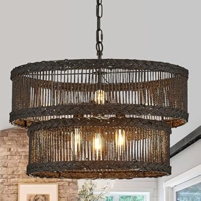 Tunkayli 20" Large Rattan Chandelier 2-Tier Vintage Farmhouse Boho Hand-Woven Bamboo Chandelier 6-Light Black Drum Round Rattan Pendant Light for Dining Room, Kitchen Island, Bedroom, Living Room