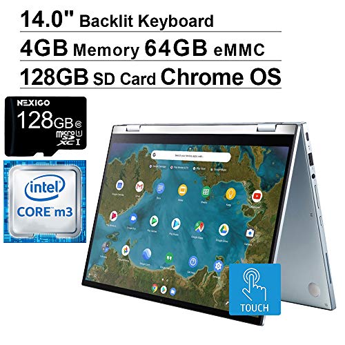 Asus 2021 Chromebook 14 Inch Touchscreen 2-In-1 Laptop, Fhd 1080P Display, Backlit Kb, Intel Core M3-8100Y Up To 3.4Ghz, 4Gb Lpddr3 Ram, 64Gb Emmc, Chrome Os + Nexigo 128Gb Microsd Card Bundle #TOP2