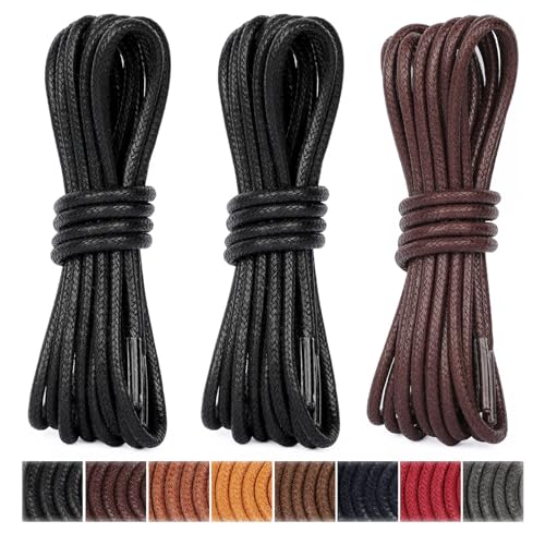 Image of Handshop 3 Pairs Dress Shoe Laces | 3 /32 inch Thin Round Waxed Shoelaces | Polished waxed sheen, tightly woven cotton, secure tie, for oxfords, derbies and chukka boots, 23 inch-63 inch sizes and 15 colors