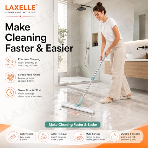 Image of Floor Wiper with Silicone Blade, Magic Broom Water Squeegee, 180 Swivel Head with Adjustable Long Handle for Bathroom, Tiles, Marble, Glass, Balcony & Floor Cleaning, Sage Green