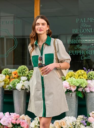 Image of AlvaQ Women Dress Summer 2025 Casual V Neck Short Sleeve Button Down Striped Tunic Dresses with Pockets