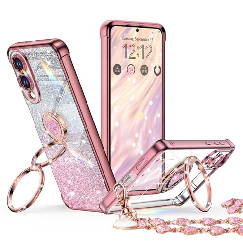 Image of XYZ for Galaxy S25 Edge Case with Stand, for Samsung Galaxy S25 Edge Case with Double Ring, Women Girls Bling Luxury Glitter Clear Phone Case Cover Heart for Samsung S25 Edge, Rose Gold