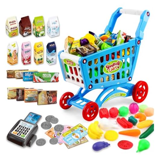 deAO Carrito de la Compra Infantil Incluye Variedad de 78 Productos de Mercado y Comestibles para Niños y Niñas (Azul)