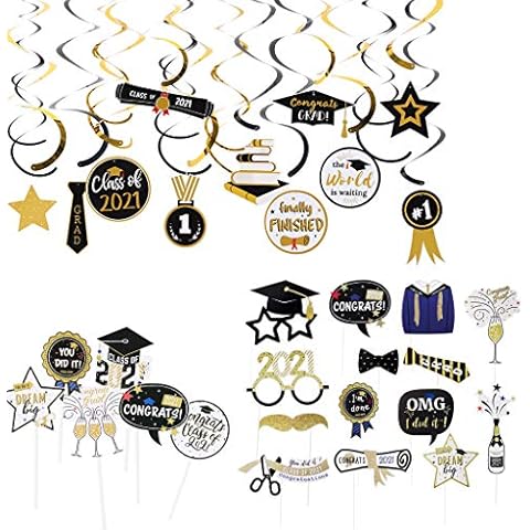 2021 Graduation Party Supplies Kit 68 Pieces with Black and Golden Hanging Swirls, Cake Toppers and Photo Booth Props for Graduation Party Home Decorations Cover