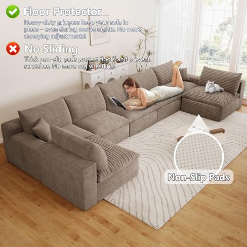 Image of 165 inch Cloud Couch Modular Sectional Sofa for Living Room, U-Shape Boneless Couch with Deep Seat, Modern Corduroy 7-Seater, No Assembly Required, Camel