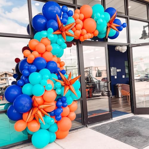 Image of Blue Orange Balloons, 12 Inch Teal Navy Bule Balloons with Metallic Silver Balloon for Kids Boys Girls Birthday Thanksgiving Fall Graduation Basketball Outer Space Astronaut Theme Party Decorations