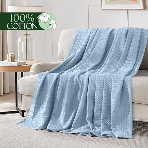 Image of Elegant Comfort Premium 100% Cotton Waffle Blanket - Lightweight Breathable Waffle Weave Bed Blanket - Soft and Warm All Season Blanket for Couch, Sofa and Bed, TwinXL Size 68x90 Inches, Light Blue