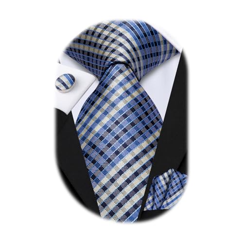 Image of Hi-Tie Mens Plaid Ties Classic Paisley Necktie with Handkerchief Cufflinks Set Business Stripe Tie