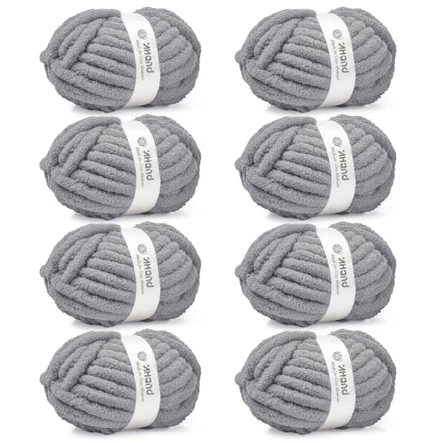 Image of Inhand Chunky Chenille Yarn for Hand Knitting,Thick Bulky Blanket Yarn for Crocheting,Soft Fluffy Yarn for Crochet Birthday Gifts for Men /Women /Beginners,8 Pack (29.5Yds /8.4oz Each),Frost Gray