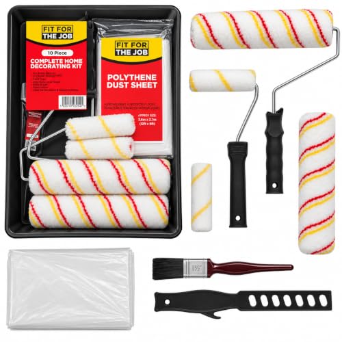 Fit For The Job Kit de decoración del hogar de 10 piezas, juego de bandejas y rodillos de pintura con pincel, hoja antipolvo, agitador, juegos de rodillos para pintar paredes y techos con emulsión