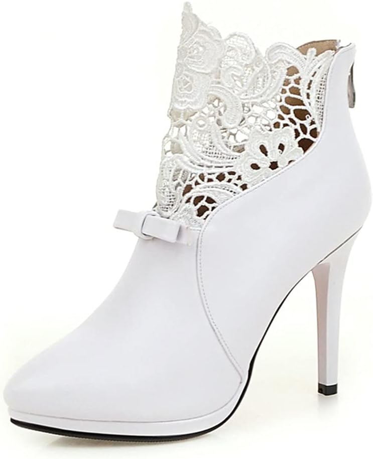 ClassicSter Womens High Heel Pointed Toe Stiletto Pumps Zip Up Lace Booties with Bows Platform Ankle Boots