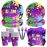 Suhelkit Slime Birthday Plates And Napkins Party Supplies - Purple Glitter Splatter Splash Theme Slime Party Decorations Tableware, Paper Plate, Cup, Napkin, Fork | Serves 24
