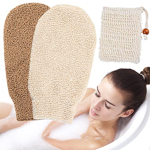 3 Pack/Set Bamboo Fiber Exfoliating Gloves & Natural Sisal Soap Bags, Loofah Mitt Shower Body Scrub Gloves for Remove Dead Skin Shower Body Spa Massage (Exfoliating Gloves & Soap Bag)