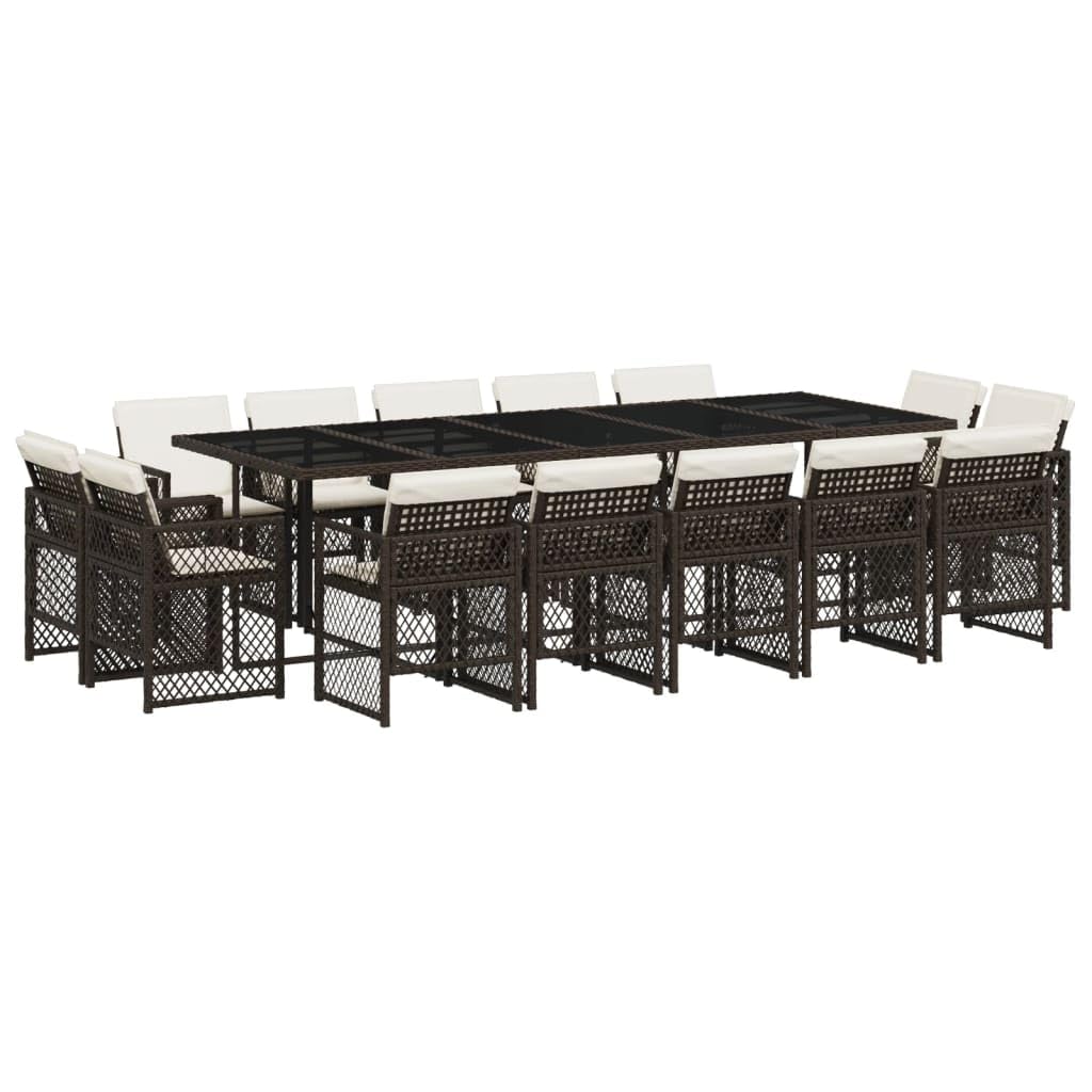 15-częściowy zestaw do jadalni z poduszkami, brązowy polirattan, 275 x 106 x 73 cm, na taras, balkon, do jadalni, odporny na promieniowanie UV, łatwy w pielęgnacji, trwały zestaw mebli