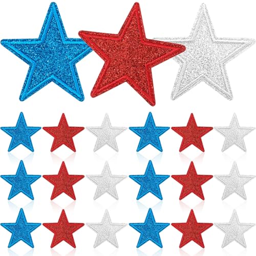 AUGSUN 30pcs Glitter Star Iron on Patches USA Patriotic Sew Applique