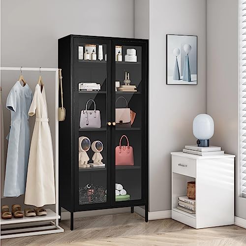 Greenvelly Metal Storage Cabinet, Black Display Curio Glass Storage Cabinet With Glass Doors And 4 Shelves, Tall Glass Bookcase Cabinet Modern Bookshelf Cabinet For Home Office Living Room，Pantry #TOP1