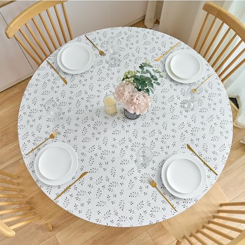 NLMUVW Vinyl Round Tablecloth with Elastic Edge Flannel Back, 100% Waterproof Fitted PVC Table Cloth Wipe Clean Table Cover for Camping Outdoor, Leaf, 40